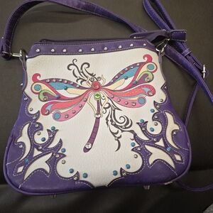 Purple and White Women's Bag with Dragonfly Design